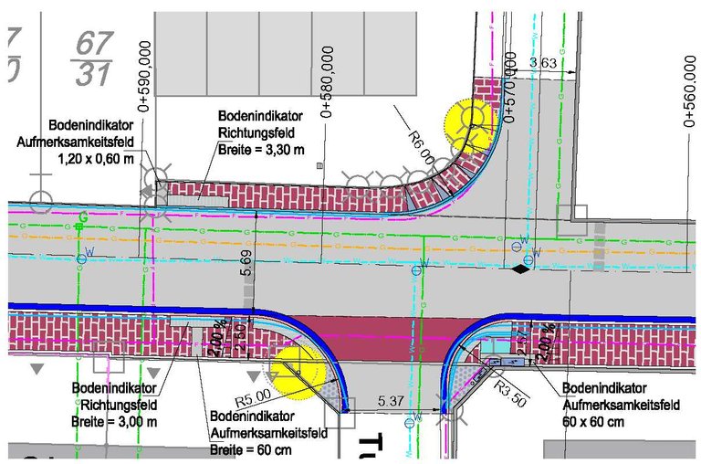 Lageplan, Darstellung von Bodenindikatoren (Barrierefreiheit) Referenzbild